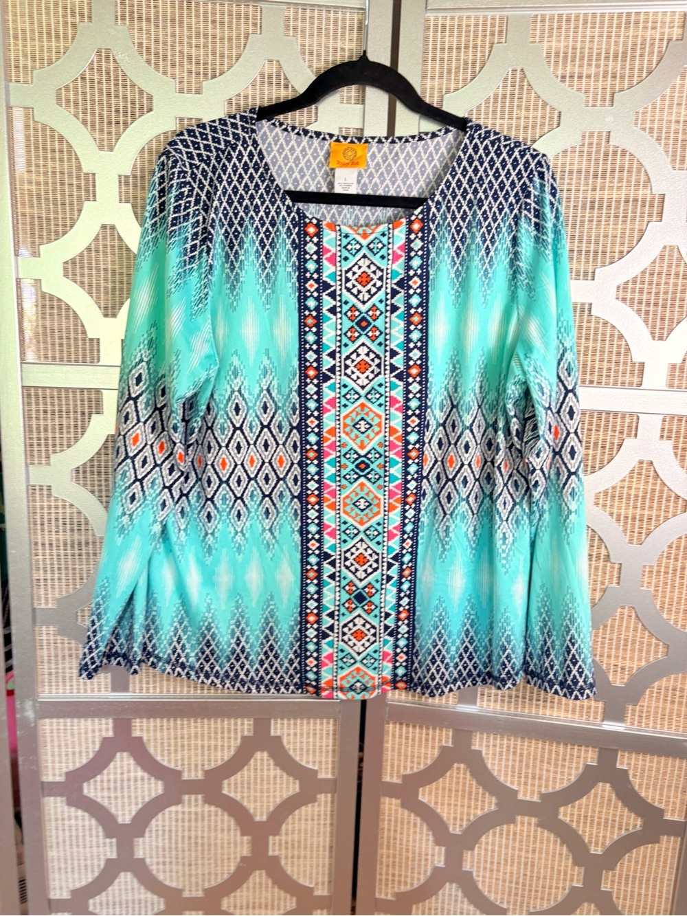 Ruby Rd. Turquoise Aztec-Print Long Sleeve Blouse